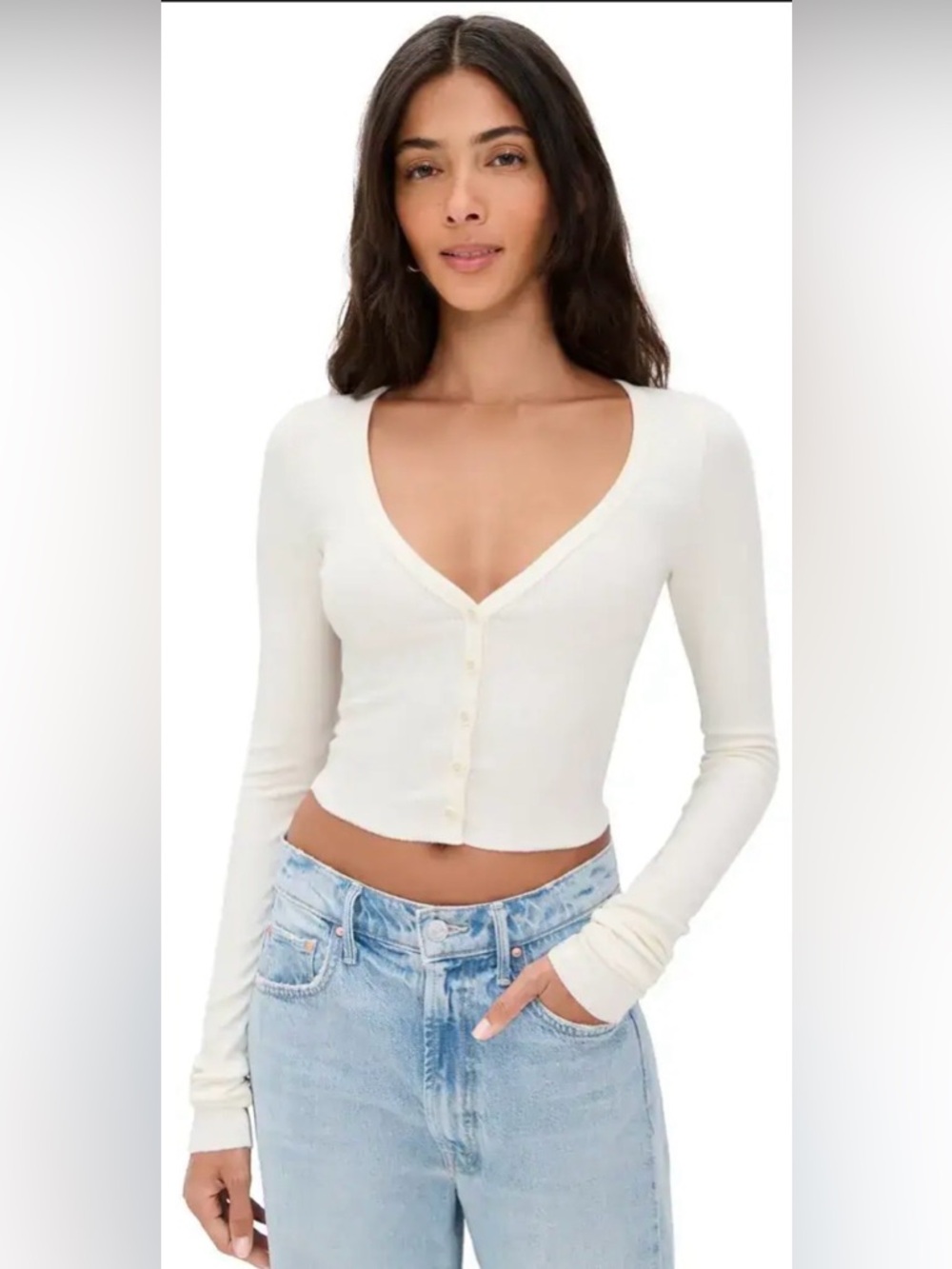 PINK Victoria's Secret Cream Ribbed V-Neck Button Long Sleeve Top